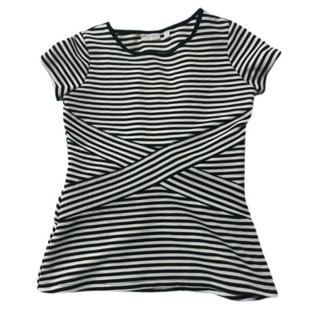 New York & Company Stretch Black and White Striped Illusion Slimming Top - SMALL